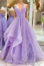 Purple V Neck Sleeveless A Line Tulle Sequin Formal Prom Dress