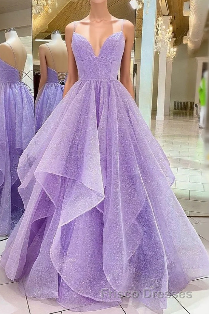 Purple V Neck Sleeveless A Line Tulle Sequin Formal Prom Dress