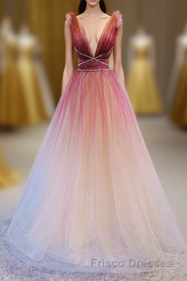 A-Line Burgundy V Neck Tulle Sequin Long Formal Prom Dress Burgundy Evening Dress Main image