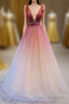 A-Line Burgundy V Neck Tulle Sequin Long Formal Prom Dress Burgundy Evening Dress