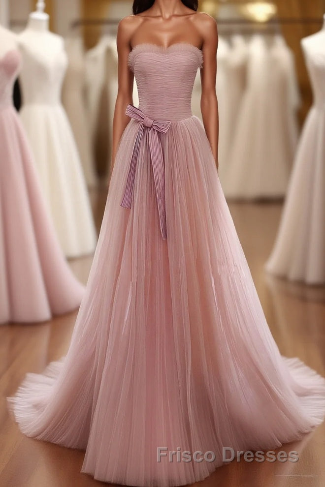 Simple Pink Tulle Long Formal Prom Dress, Pink Tulle Formal Prom Dress, 1