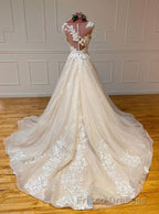 Champagne Sleeveless Round Neck Tulle Lace Long Formal Prom Dress