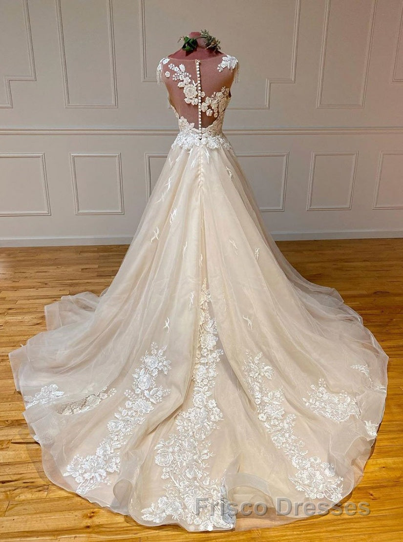 Champagne Sleeveless Round Neck Tulle Lace Long Formal Prom Dress