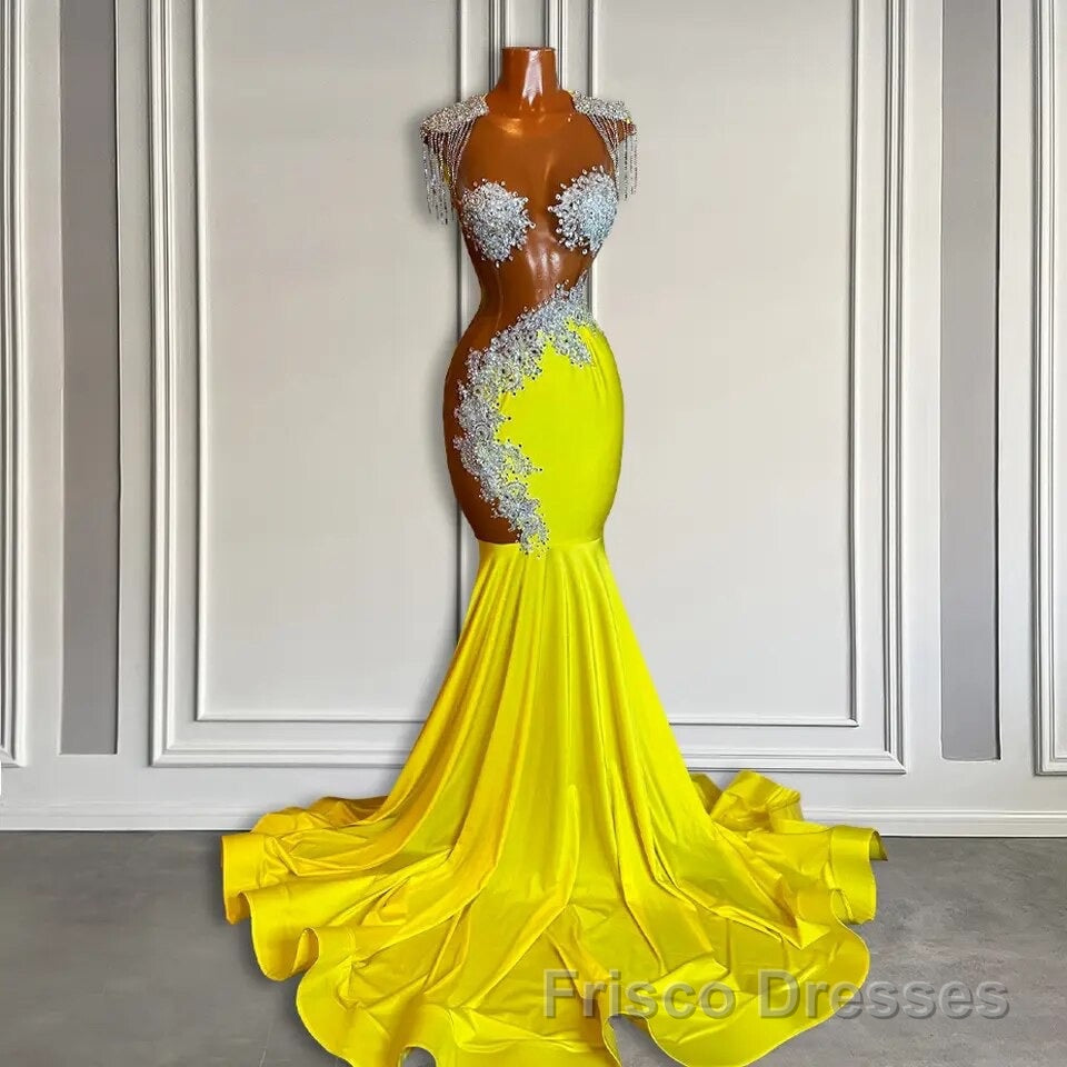 Yellow Scoop Formal Prom Dresses with Beadings and Tassels - Mermaid Long