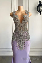 Lilac Mermaid Formal Prom Dresses with Scoop Neckline Sleeveless and Crystal Beadings