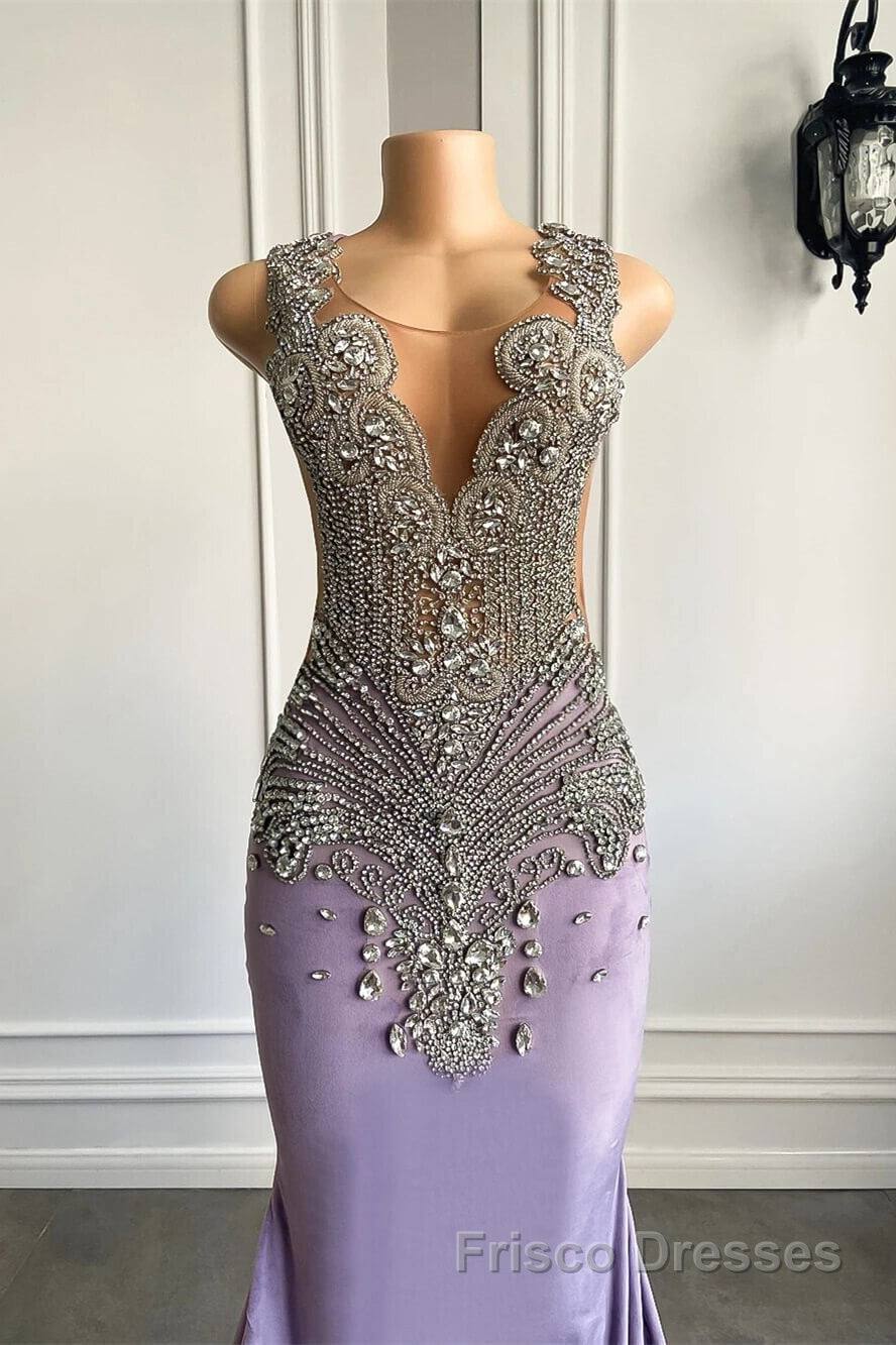 Lilac Mermaid Formal Prom Dresses with Scoop Neckline Sleeveless and Crystal Beadings