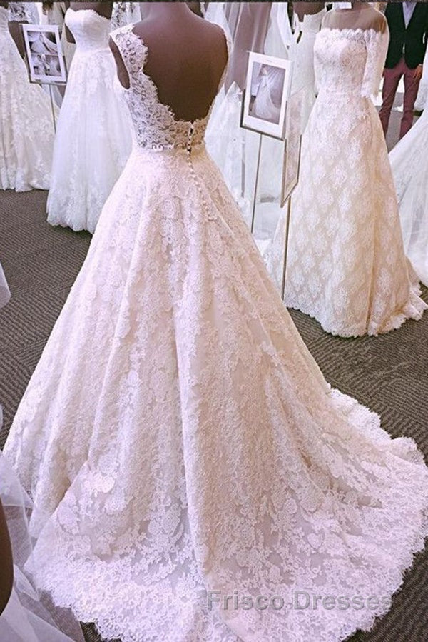 Chic Round Neck Open Back A Line Sleeveless Lace Appliques Wedding Dress Secondary image