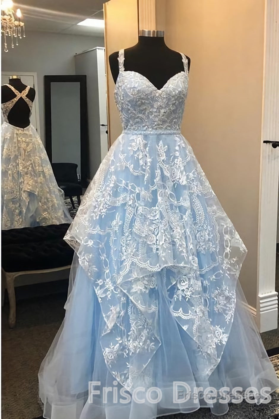Elegant Light Blue A-Line Sweetheart Open Back Appliques Long Prom Dresses Main image