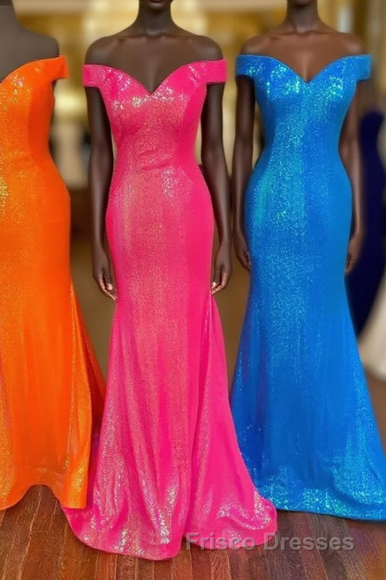 Off the Shoulder Orange Mermaid Long Formal Prom Dress