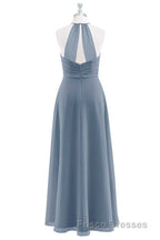 Dusty Blue Chiffon Halter Backless Ruffled Long Bridesmaid Dress