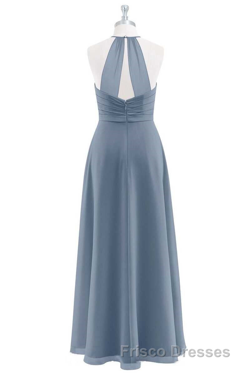 Dusty Blue Chiffon Halter Backless Ruffled Long Bridesmaid Dress