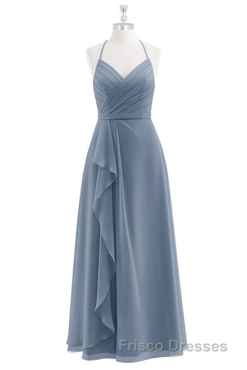 Dusty Blue Chiffon Halter Backless Ruffled Long Bridesmaid Dress