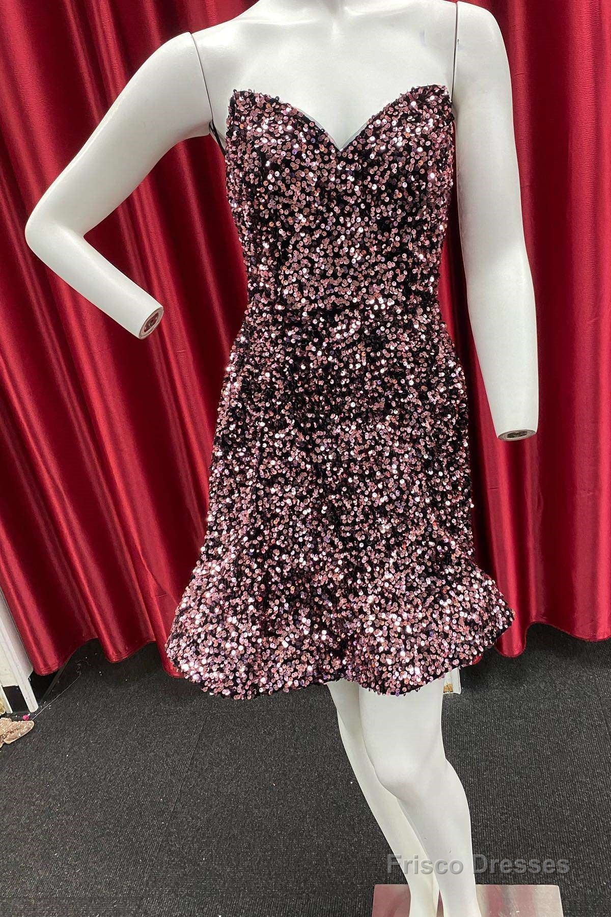 Dark Pink Sequin Strapless A-Line Homecoming Dress Main image