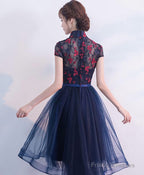 Blue Tulle Lace High Low Prom Dress, Blue Homecoming Dress