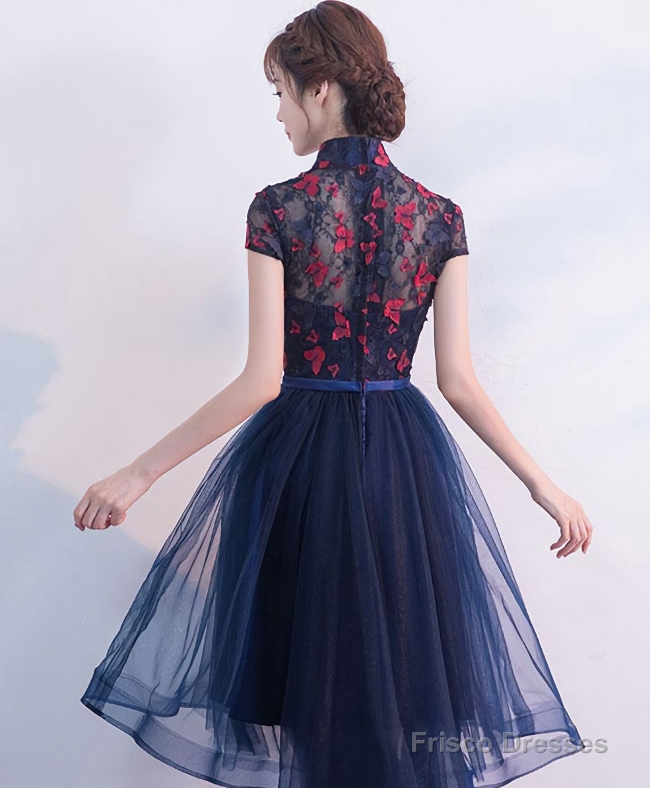 Blue Tulle Lace High Low Prom Dress, Blue Homecoming Dress