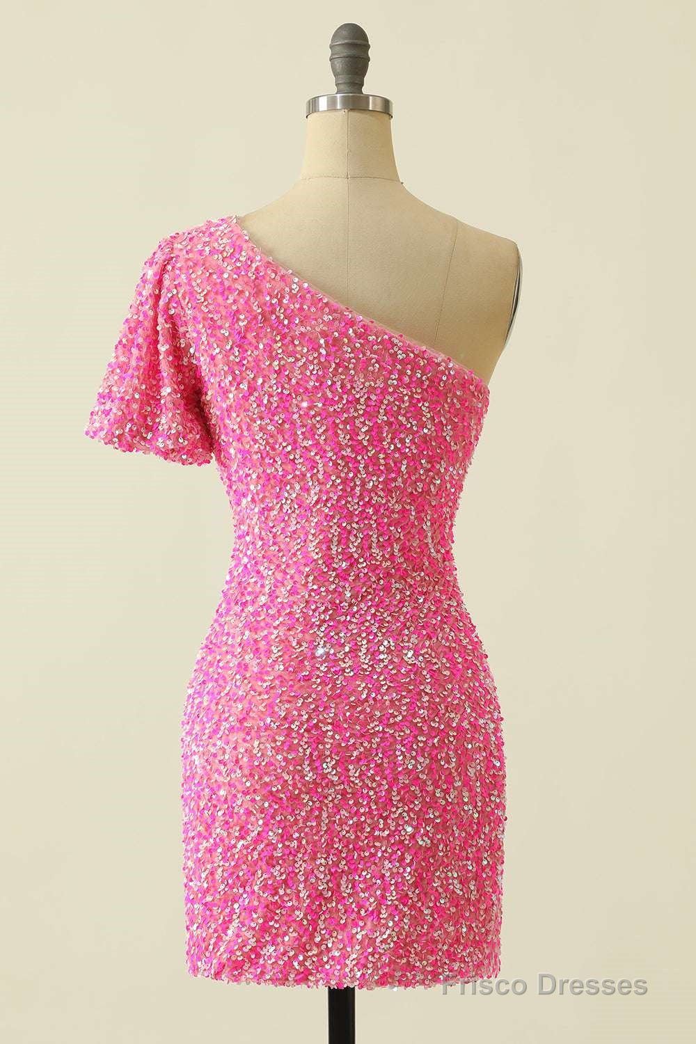 Pink Sequin One-Sleeve Bodycon Homecoming Dress
