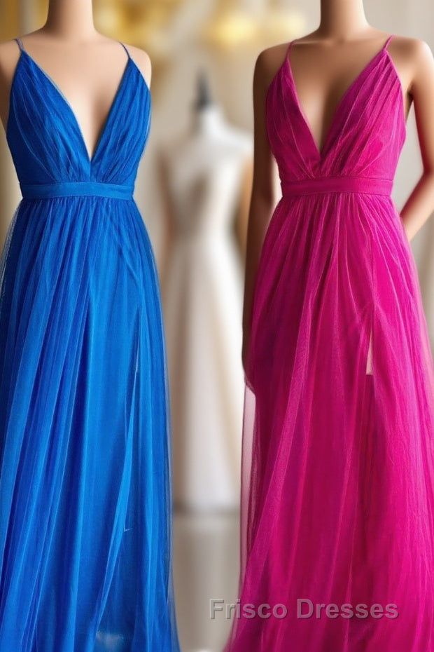 A-line V-Neck Pleated Tulle Long Bridesmaid Dress with Slit