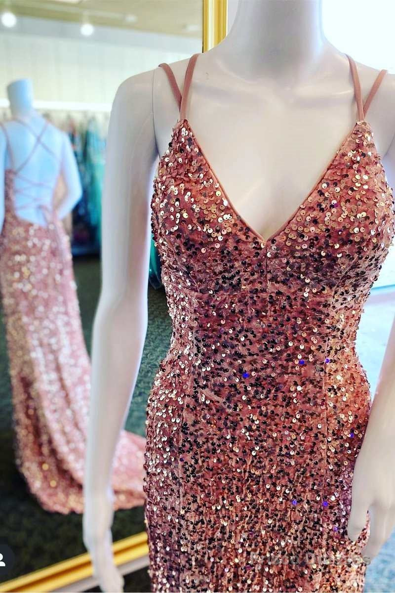 Rust Orange Sequin V-Neck Lace-Up Mermaid Long Formal Dress Main image