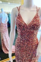 Rust Orange Sequin V-Neck Lace-Up Mermaid Long Formal Dress