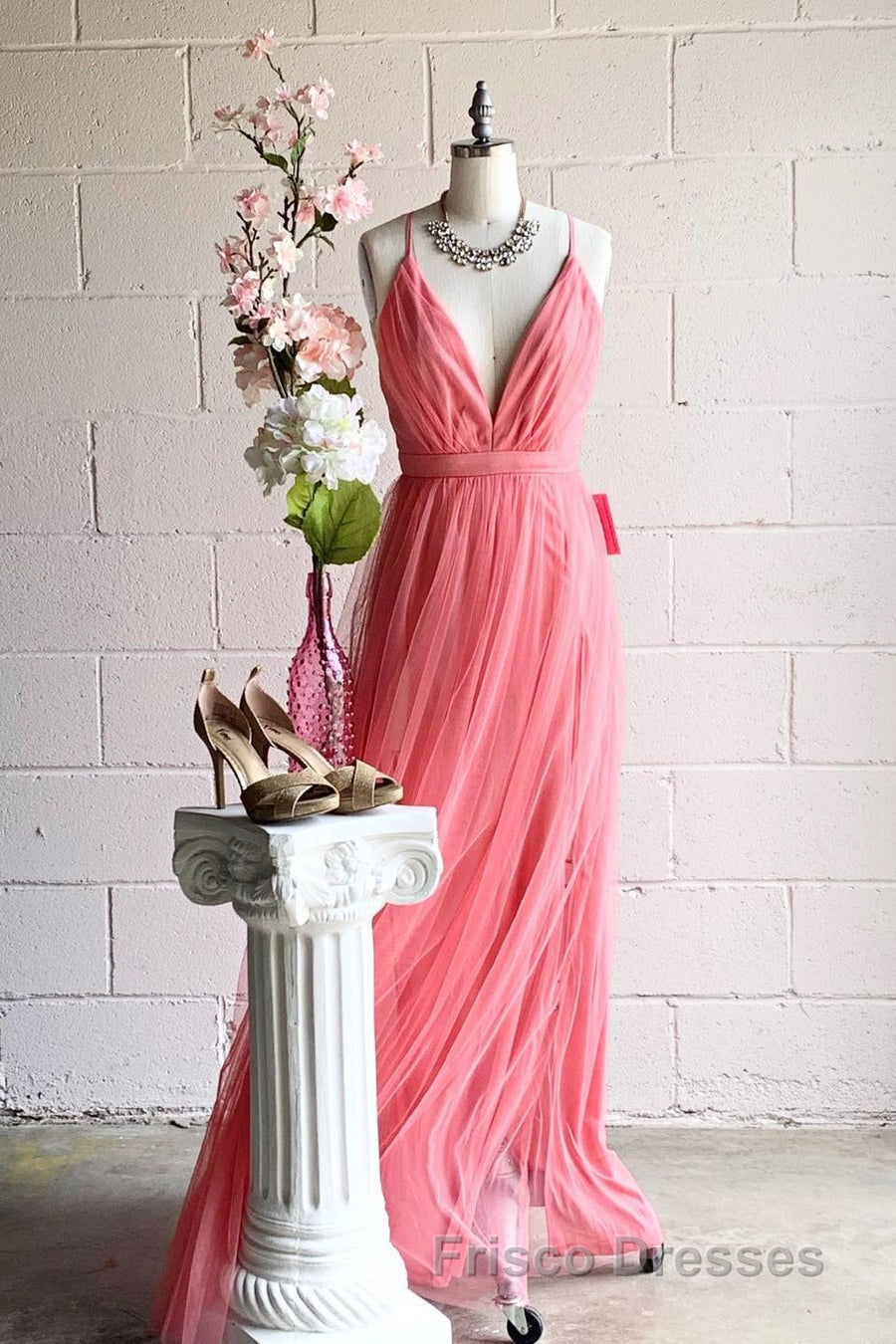 A-line V-Neck Pleated Tulle Long Bridesmaid Dress with Slit Secondary image