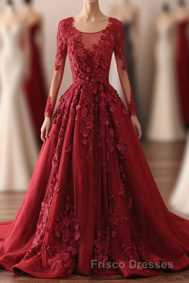 Burgundy Lace Satin Long Formal Prom Dress, Burgundy Lace Evening Dress Main image