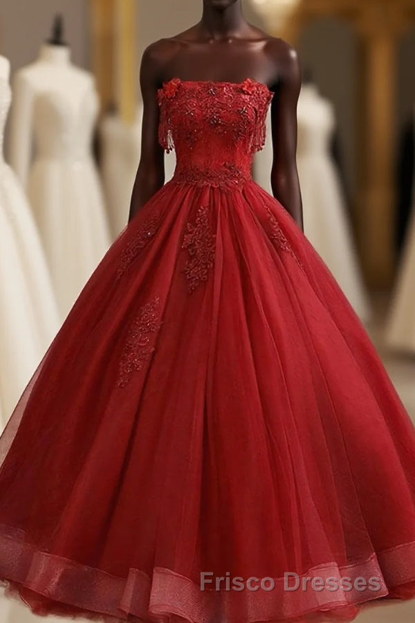 Burgundy Tulle Lace Long Formal Prom Gown Burgundy Tulle Lace Formal Prom Dress Main image