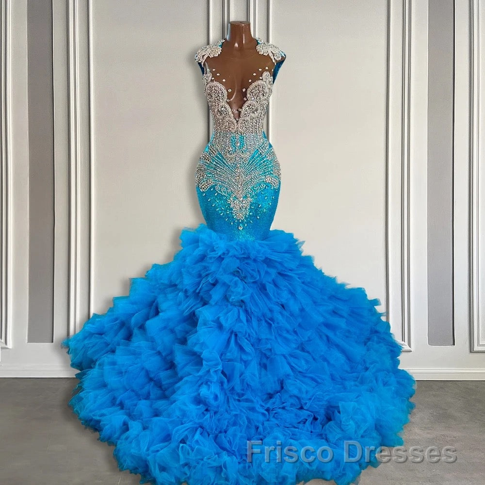 Ocean Blue Mermaid Tulle Ruffle Formal Prom Dresses Long With Beadings Secondary image
