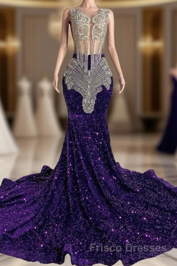 Sequined Sleeveless Mermaid Formal Prom Dresses with Beadings