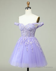 A-Line Off The Shoulder Short Tulle Dress With Appliques