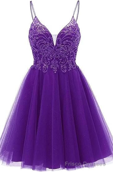 A-line Straps Appliques Tulle Short Homecoming Dresses