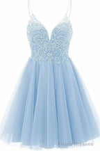 A-line Straps Appliques Tulle Short Homecoming Dresses