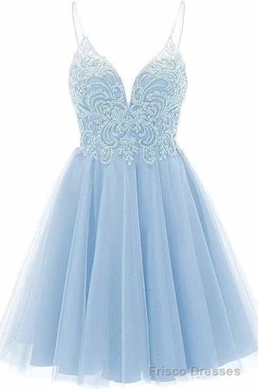 A-line Straps Appliques Tulle Short Homecoming Dresses