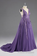 A-line V-Neck Lace Appliques Long Formal Prom Dress