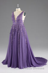 A-line V-Neck Lace Appliques Long Formal Prom Dress