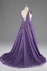 A-line V-Neck Lace Appliques Long Formal Prom Dress