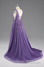A-line V-Neck Lace Appliques Long Formal Prom Dress