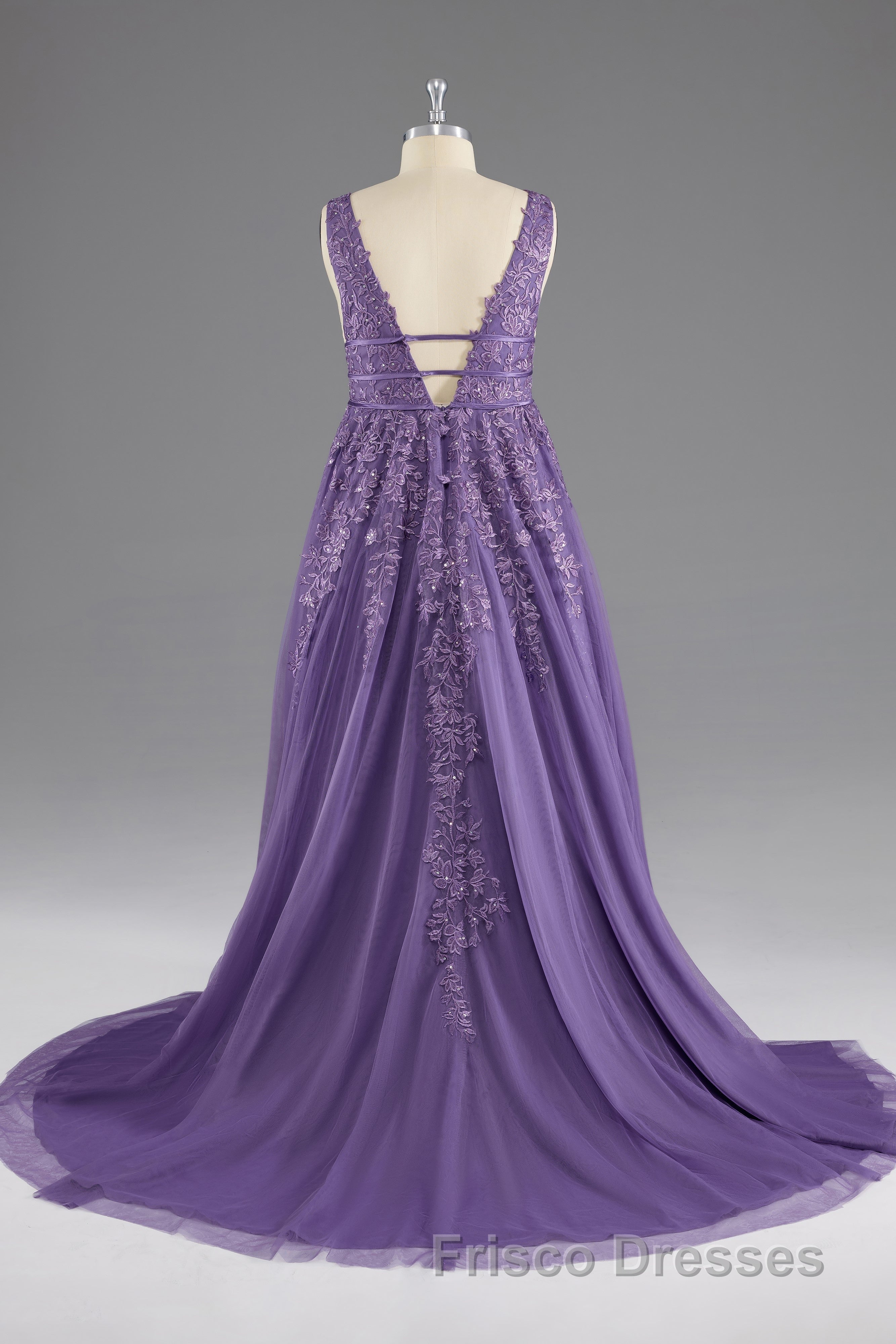 A-line V-Neck Lace Appliques Long Formal Prom Dress