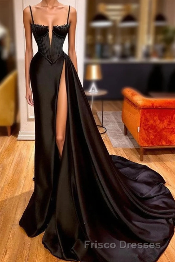 Gorgeous Black Spaghett-Straps Formal Prom Dress With Slit