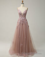 A-Line Tulle Spaghetti Straps Appliques Long Formal Prom Dress with Alit