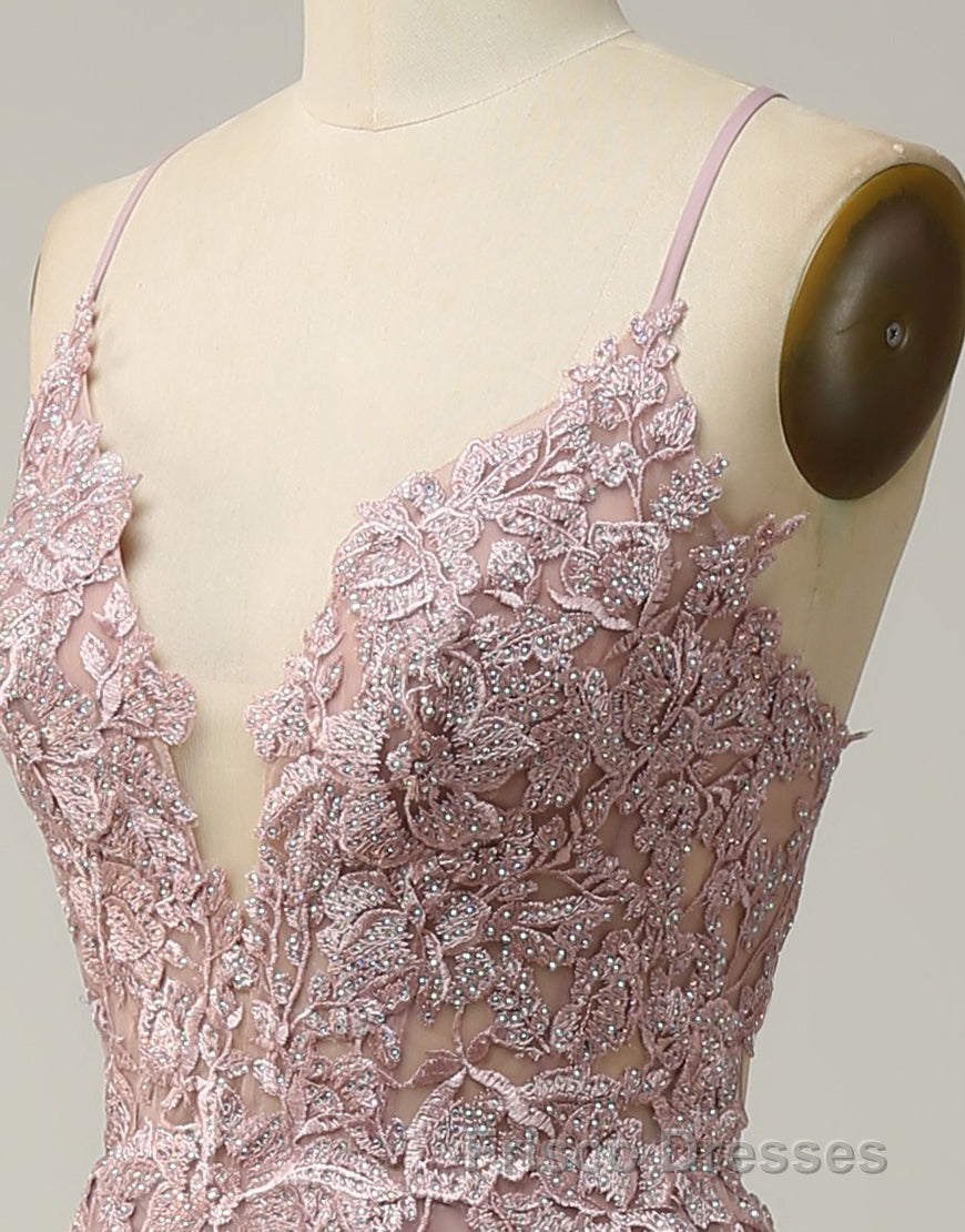 A-Line Tulle Spaghetti Straps Appliques Long Formal Prom Dress with Alit