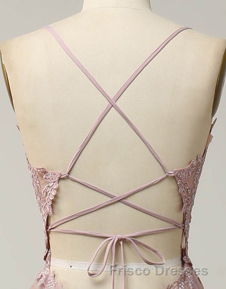 A-Line Tulle Spaghetti Straps Appliques Long Formal Prom Dress with Alit