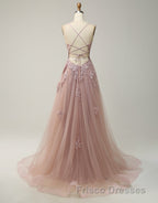 A-Line Tulle Spaghetti Straps Appliques Long Formal Prom Dress with Alit