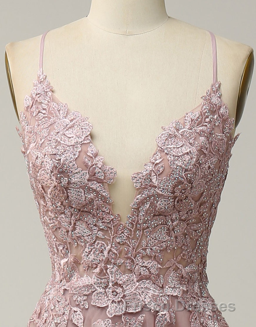 A-Line Tulle Spaghetti Straps Appliques Long Formal Prom Dress with Alit