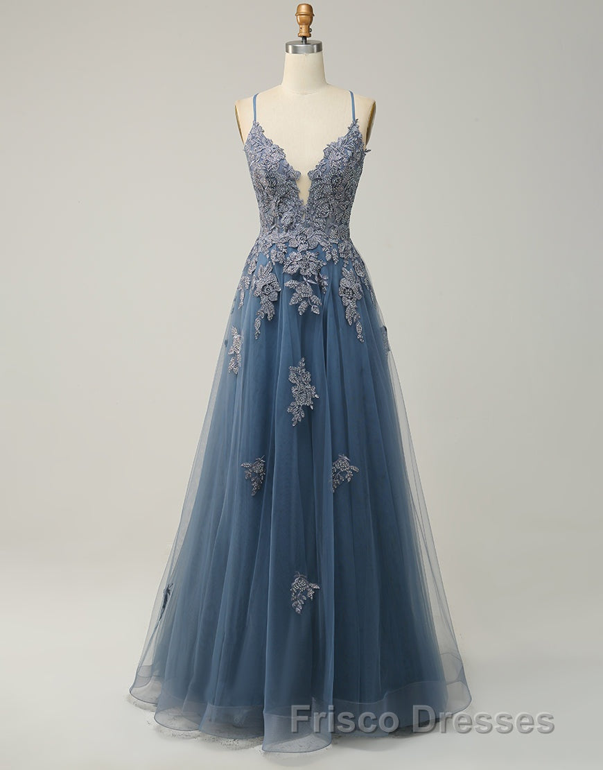 A-Line Tulle Spaghetti Straps Appliques Long Formal Prom Dress with Alit
