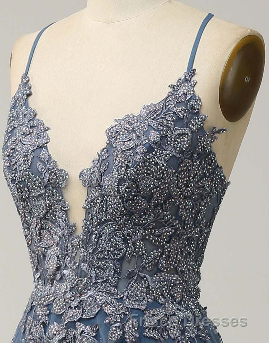 A-Line Tulle Spaghetti Straps Appliques Long Formal Prom Dress with Alit