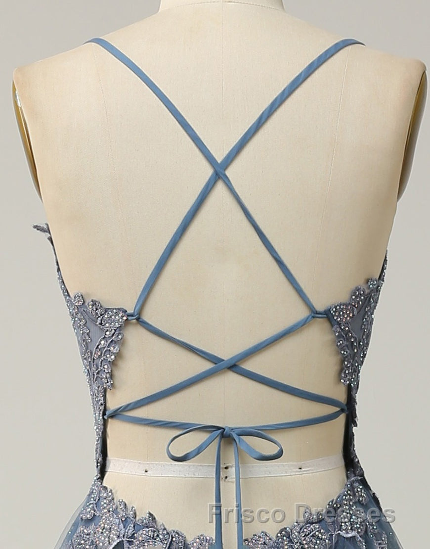 A-Line Tulle Spaghetti Straps Appliques Long Formal Prom Dress with Alit