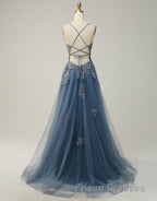 A-Line Tulle Spaghetti Straps Appliques Long Formal Prom Dress with Alit