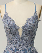 A-Line Tulle Spaghetti Straps Appliques Long Formal Prom Dress with Alit