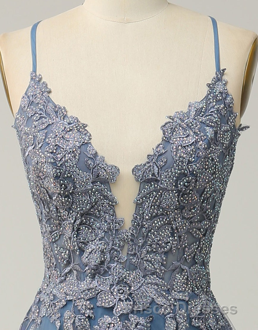 A-Line Tulle Spaghetti Straps Appliques Long Formal Prom Dress with Alit