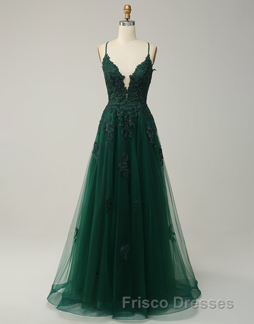 A-Line Tulle Spaghetti Straps Appliques Long Formal Prom Dress with Alit